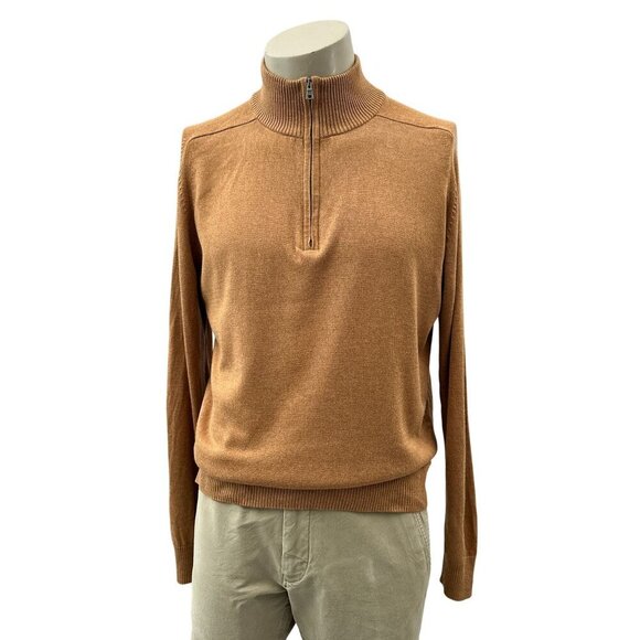 Banana Republic Silk Cashmere Quarter Zip Mock Neck Ribbed Sweater Brown Men L - Picture 1 of 11